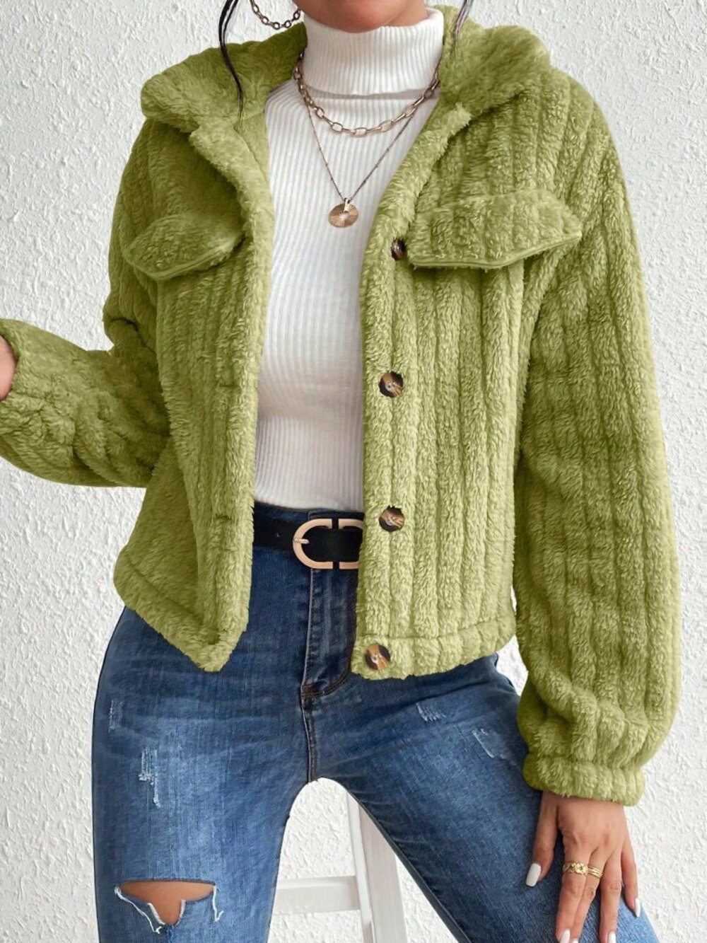 Mint Green Casual Women's Minimalist Fluffy Jacket - Picture 4 of 7